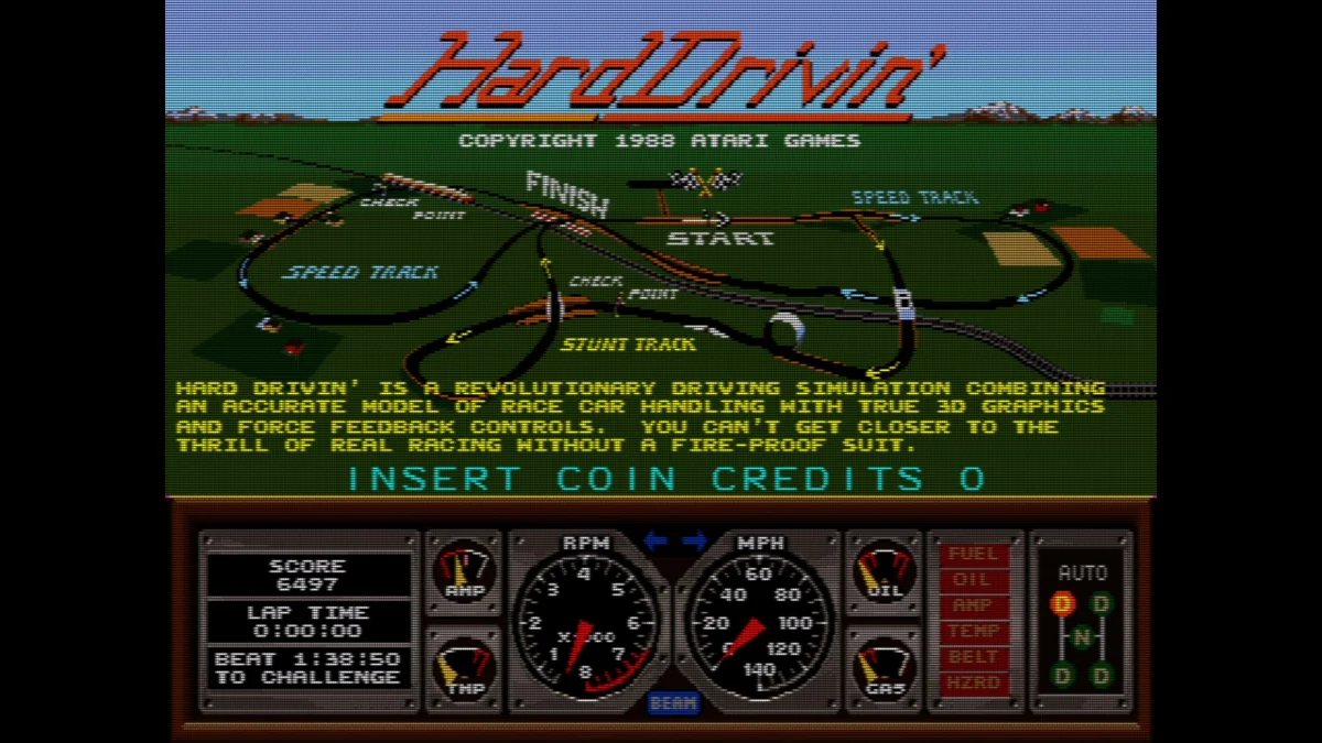 Hard Drivin’ title screen showing the speed and stunt tracks above the dashboard
