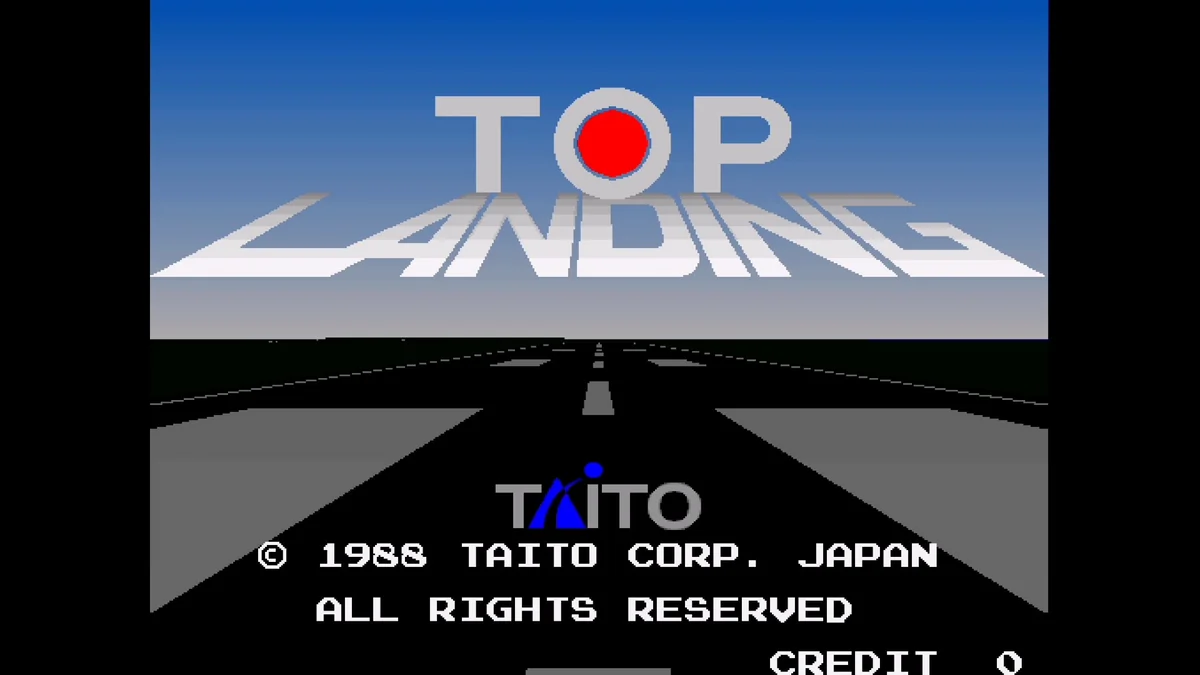 Top Landing title screen with the Taito logo over an airport runway